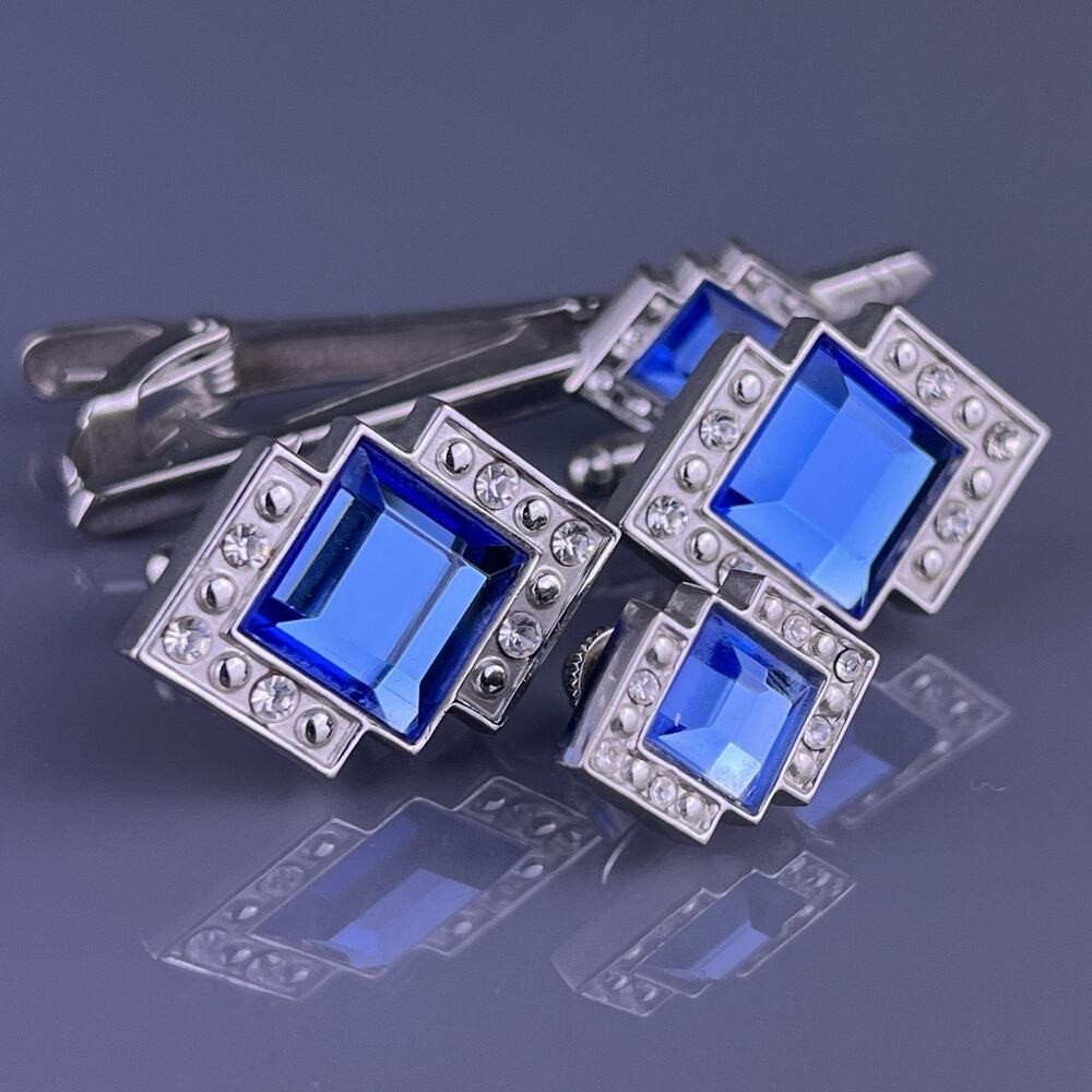 Square Blue White Rhinestone Cufflinks Tie Clip Pin Silver Tone Flashy Vintage